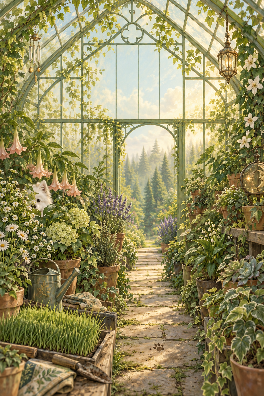 An AI-generated sunlit greenhouse filled with flowering plants, hanging lanterns, garden tools, and a stone path.