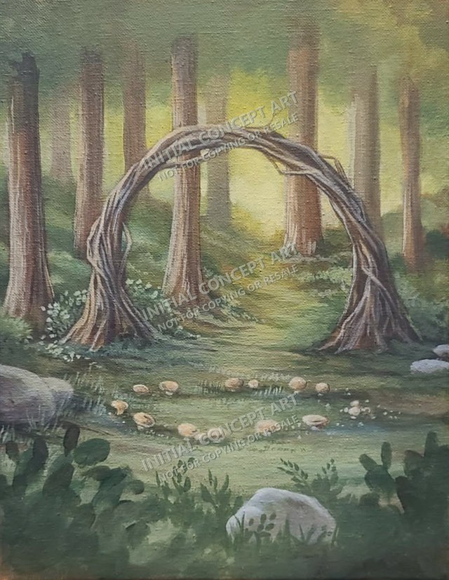 Watermarked preview of a hand-drawn woodland scene with a twisted branch archway, a circle of mushrooms, and a path into the trees.